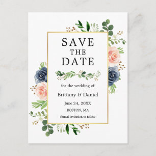 Dusty Blue Pink Floral Save the Date Postkarte