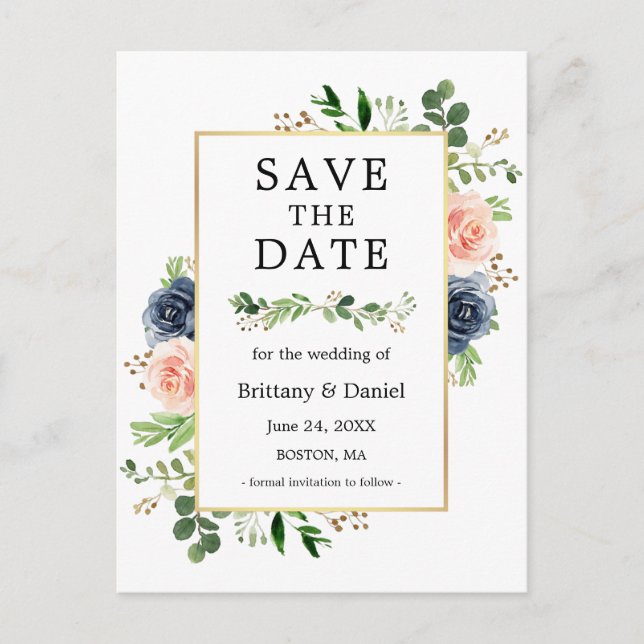 Dusty Blue Pink Floral Save the Date Postkarte (Vorderseite)