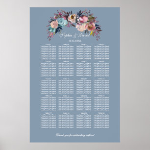 Dusty Blue Pink Floral Seating Chart 160 Gäste Poster