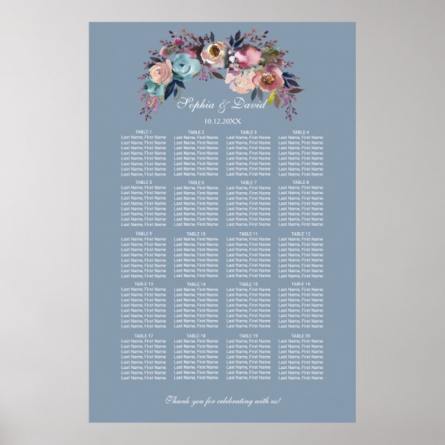 Dusty Blue Pink Floral Seating Chart 160 Gäste Poster