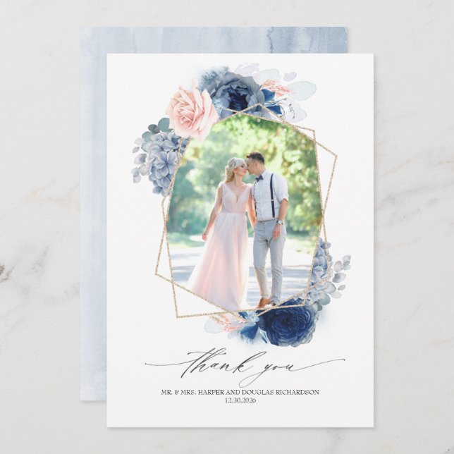 Dusty Blue Pink Floral Wedding Danke Foto (Vorne/Hinten)