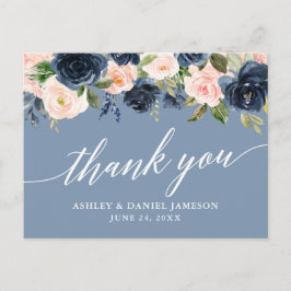 Dusty Blue Pink Floral Wedding Danke Postcard Feiertagspostkarte