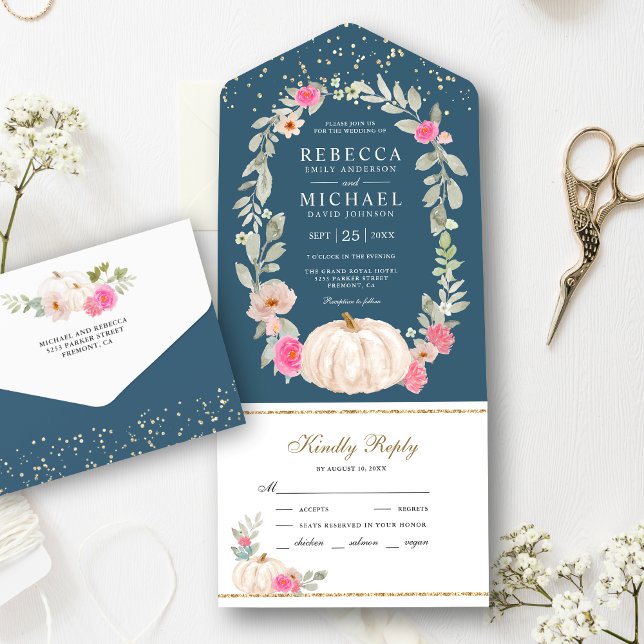 Dusty Blue Pink Roses White Pumpkin Wedding All In One Einladung (Von Creator hochgeladen)