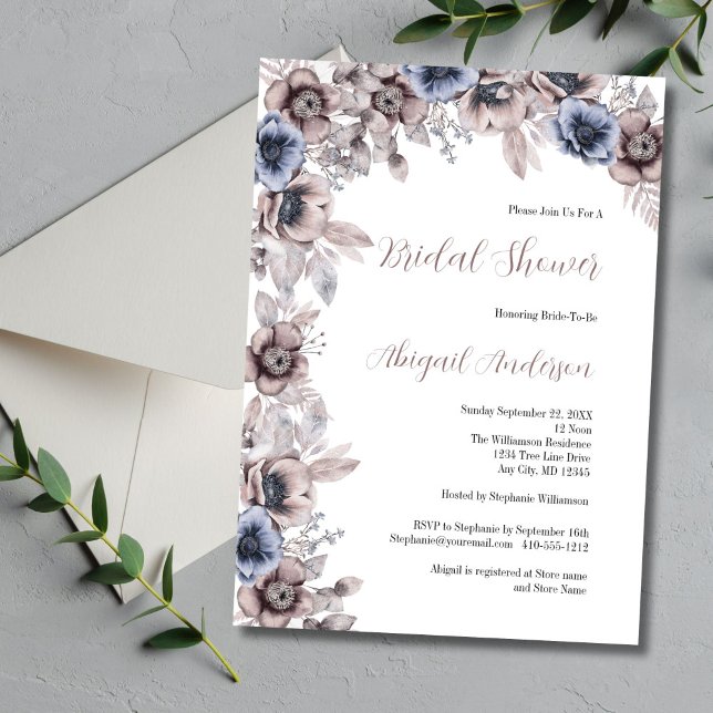 Dusty Blue Pink Watercolor Florals Brautparty Einladung (Dusty Pink and Blue Watercolor Florals Bridal Shower Invitation)