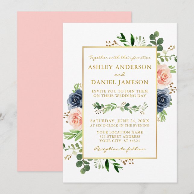 Dusty Blue Pink Watercolor Rose Gold Wedding Einladung (Vorne/Hinten)