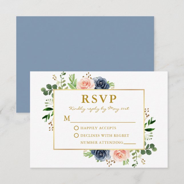 Dusty Blue Pink Watercolor Rose Gold Wedding RSVP Karte (Vorne/Hinten)