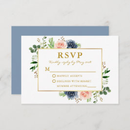 Dusty Blue Pink Watercolor Rose Gold Wedding RSVP Karte