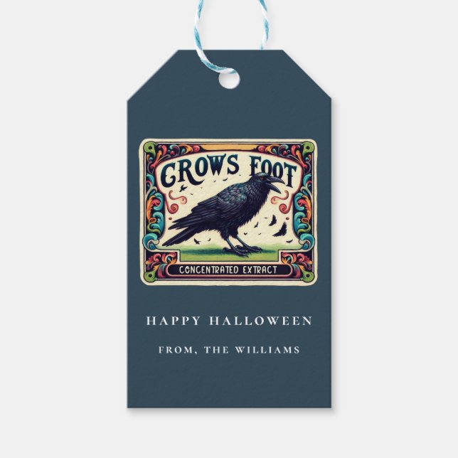 Dusty Blue Pop Halloween Black Crow-Geschenkmarke Geschenkanhänger (Vorderseite)