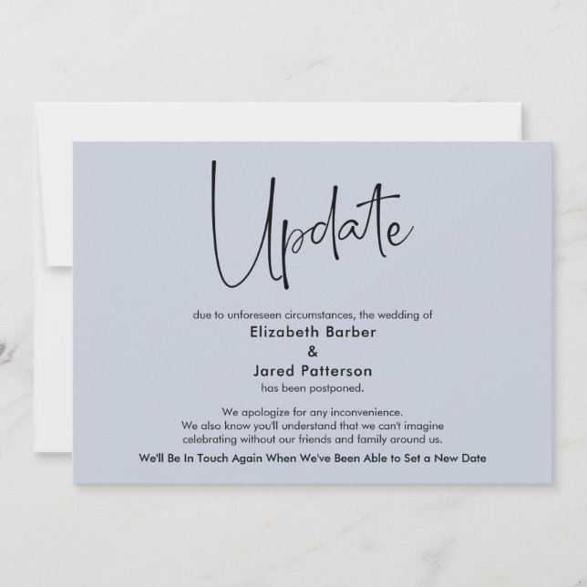 Dusty Blue Postponed Wedding Update Card Einladung (Vorderseite)