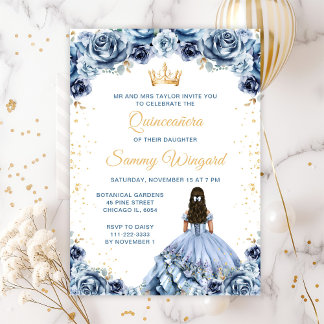 Dusty Blue Princess Floral Quinceañera Einladung