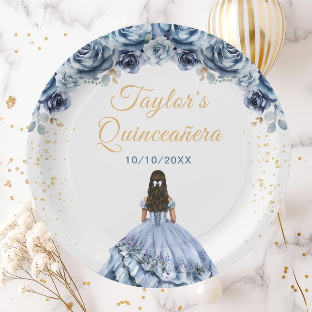 Dusty Blue Princess Floral Quinceañera Pappteller (Von Creator hochgeladen)