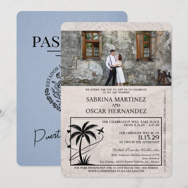 Dusty Blue Puerta Vallarta Passport Wedding Einladung (Vorne/Hinten)