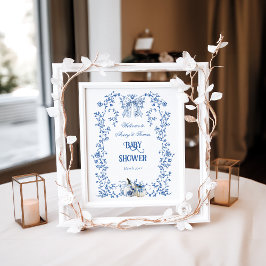 Dusty Blue Pumpkin Fall Floral Boy Baby Dusche Poster