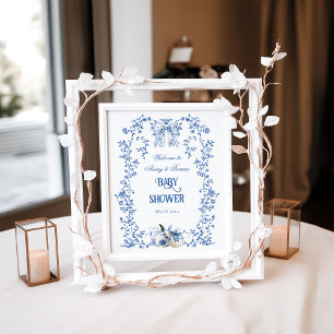 Dusty Blue Pumpkin Fall Floral Boy Baby Dusche Poster