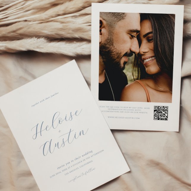 Dusty Blue QR Code Foto B&W Wedding Einladung (Von Creator hochgeladen)