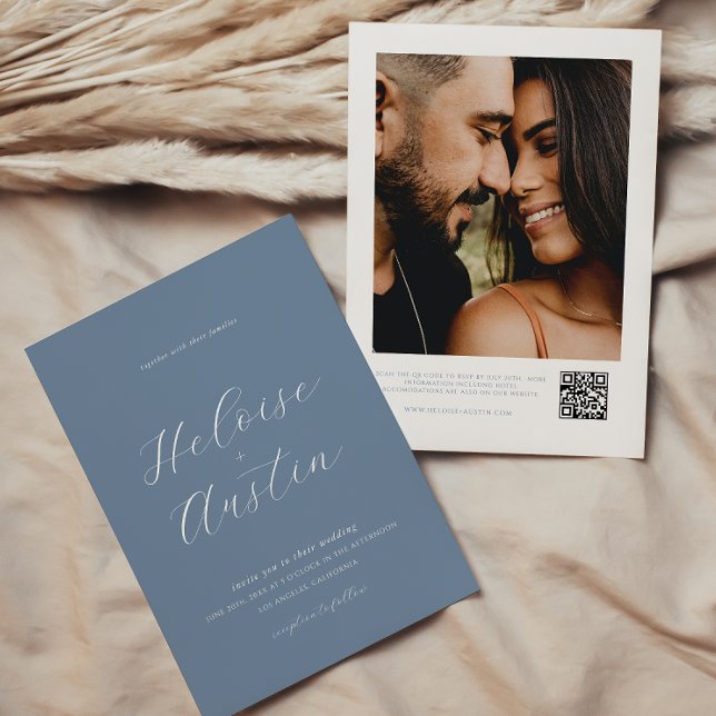 Dusty Blue QR Code Foto B&W Wedding Einladung (Von Creator hochgeladen)