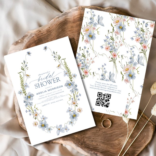 Dusty Blue QR Code Garten Vintages Brautparty Einladung (Von Creator hochgeladen)