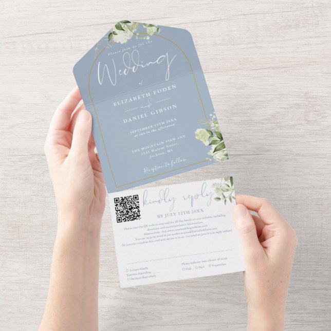 Dusty Blue QR Code Gold Arch Greenerity Wedding All In One Einladung (Abreißen)