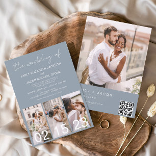 Dusty Blue QR Code Kalligrafy Wedding Einladung