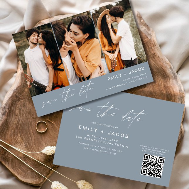 Dusty Blue QR Code Save the Date 3 Foto Elegant (Von Creator hochgeladen)