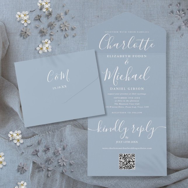 Dusty Blue QR Code Script Minimalistisch Wedding All In One Einladung (Dusty Blue QR Code Script Minimalist Wedding All In One Invitation)