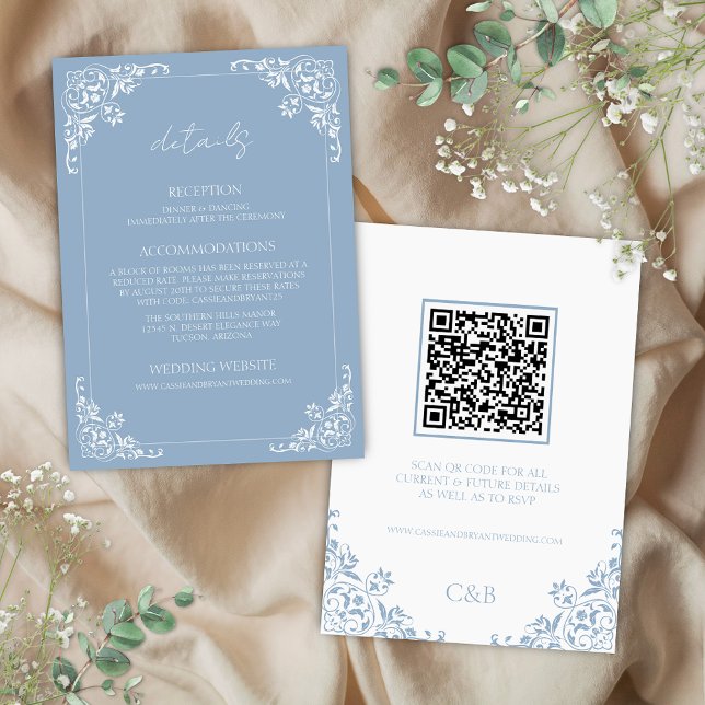 Dusty Blue QR Code Wedding Details Enclosure Card Einladung (Elegant blue and white french country coastal chic qr code wedding details enclosure cards romantic)
