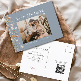 Dusty Blue QR Code Wildblume Floral Wedding Ankündigungspostkarte