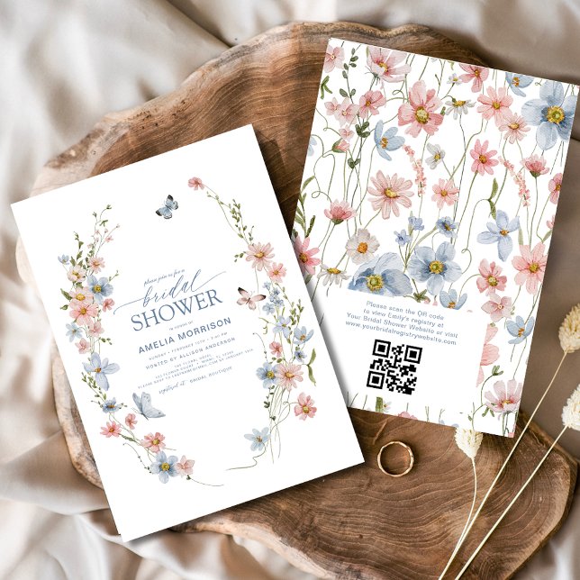 Dusty Blue QR Code Wildblume Garden Brautparty Einladung (Von Creator hochgeladen)