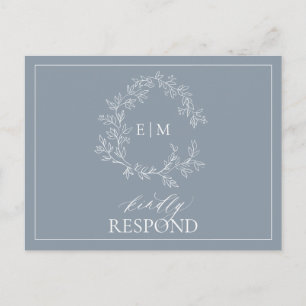 Dusty Blue QR Leafy Wappen Monogram Wedding RSVP i Einladungspostkarte