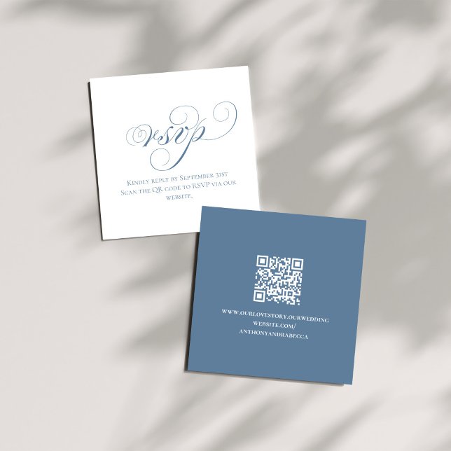 Dusty Blue QR Wedding RSVP Enclosure Card Begleitkarte (Dusty blue QR code wedding RSVP card back with website link on neutral fabric)