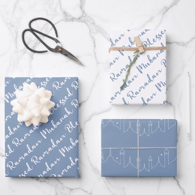 Dusty Blue Ramadan Calligraphy Masjid Pattern Geschenkpapier Set (Vorderseite)