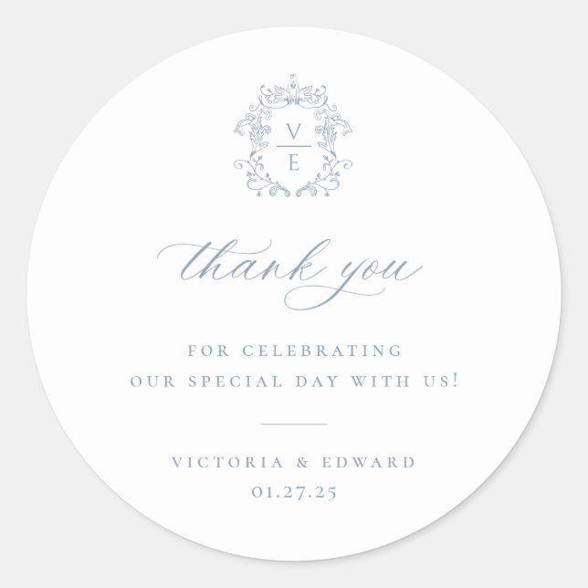 Dusty Blue Regency Crest Wedding Thank You Runder Aufkleber (Vorderseite)