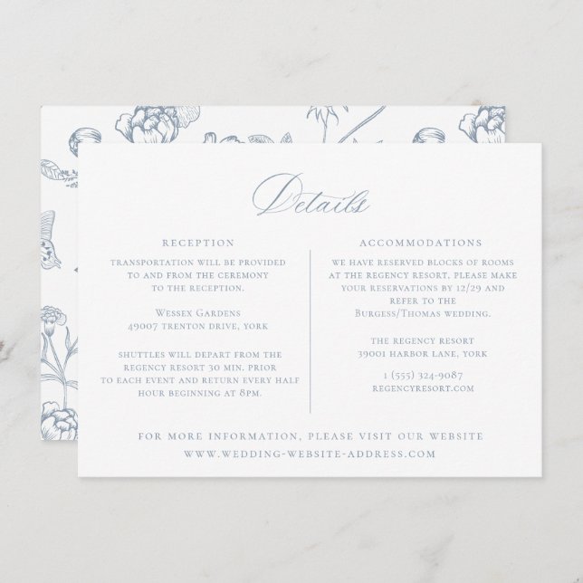 Dusty Blue Regency Floral Wedding Details Card Einladung (Vorne/Hinten)