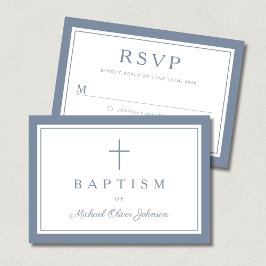 Dusty Blue Religious Cross Boy Baptism RSVP Karte