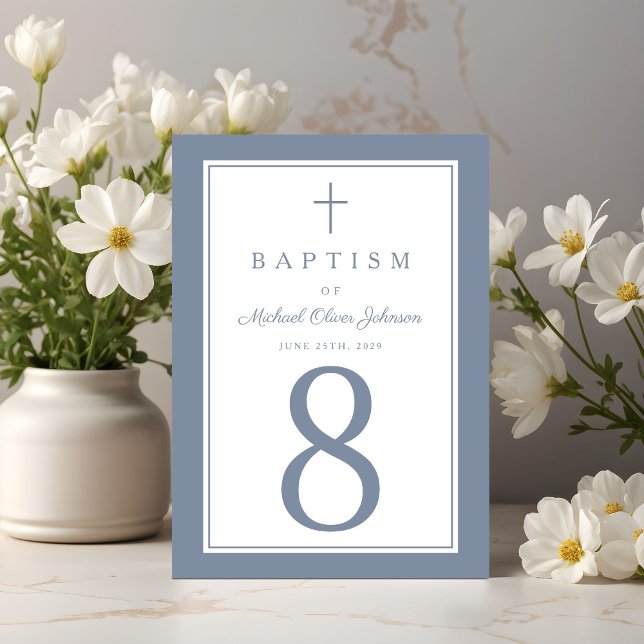 Dusty Blue Religious Cross Boy Baptism Tischnummer (Dusty Blue Religious Cross Boy Baptism Table Number)
