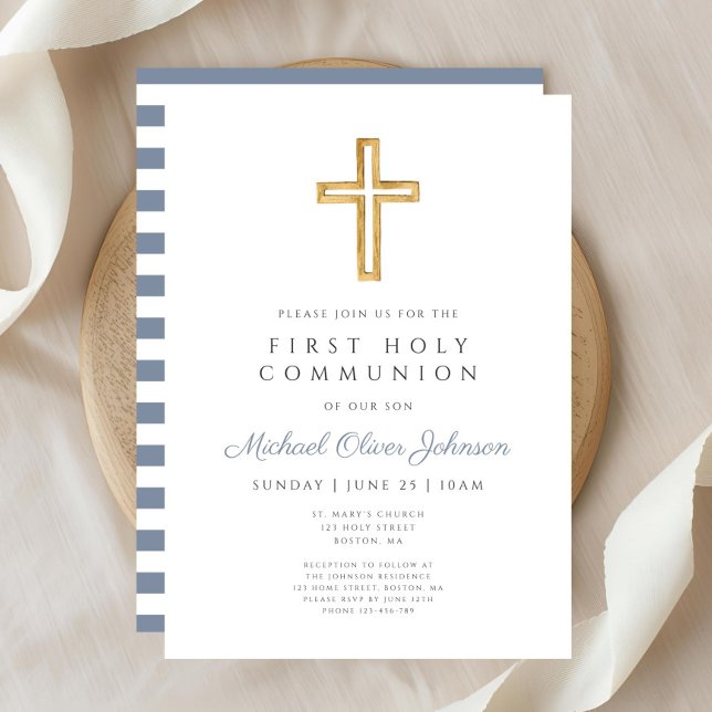 Dusty Blue Religious Cross Boy Erste Kommune Einladung (Dusty Blue Religious Cross Boy First Communion Invitation)