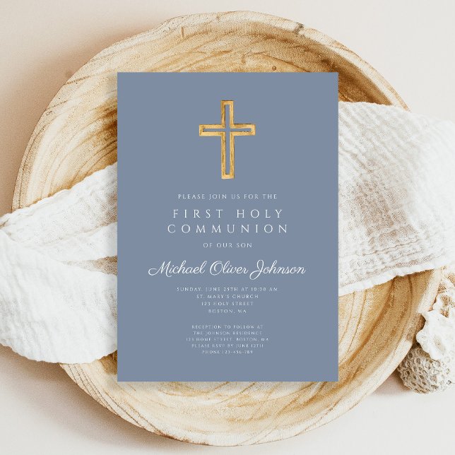 Dusty Blue Religious Cross Boy Erste Kommune Einladung (Dusty Blue Religious Cross Boy First Communion Invitation)