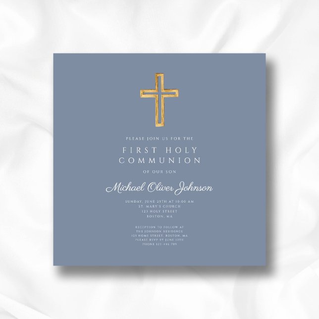 Dusty Blue Religious Cross Boy Erste Kommune Einladung (Dusty Blue Religious Cross Boy First Communion Invitation)