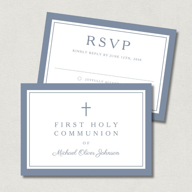 Dusty Blue Religious Cross Boy First Communion  RSVP Karte (Dusty Blue Religious Cross Boy First Communion RSVP Card)