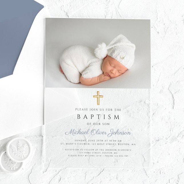 Dusty Blue Religious Cross Boy Foto Taufe Acryleinladungen (Dusty Blue Religious Cross Boy Photo Baptism Acrylic Invitations)