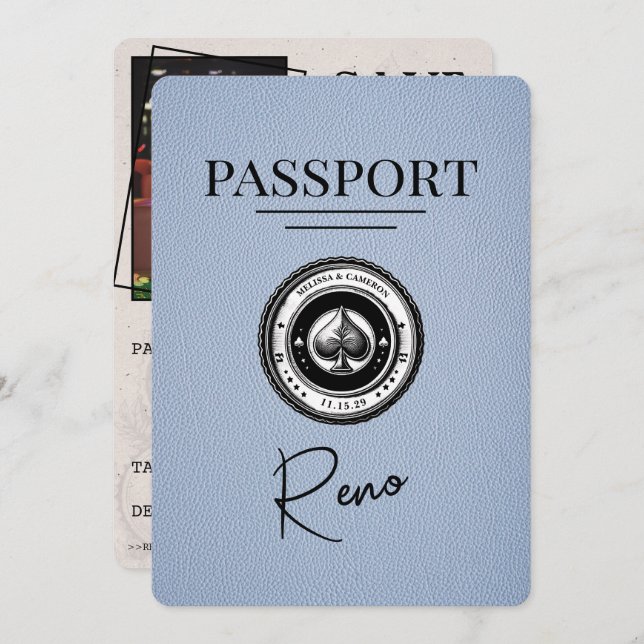 Dusty Blue Reno Passport Save the Date (Vorne/Hinten)
