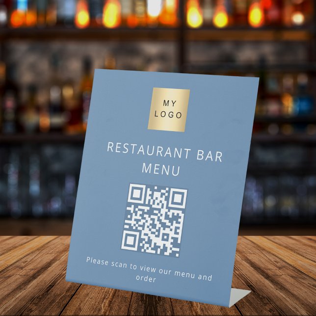 Dusty Blue Restaurant Café Bar Scan Menü QR Code Sockelschild (Von Creator hochgeladen)