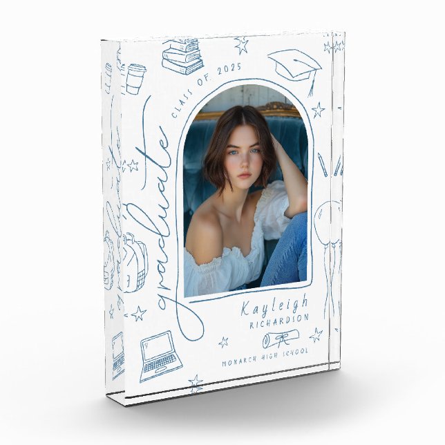 Dusty Blue Retro Hand Drawing Abschluss Foto Block (Links)