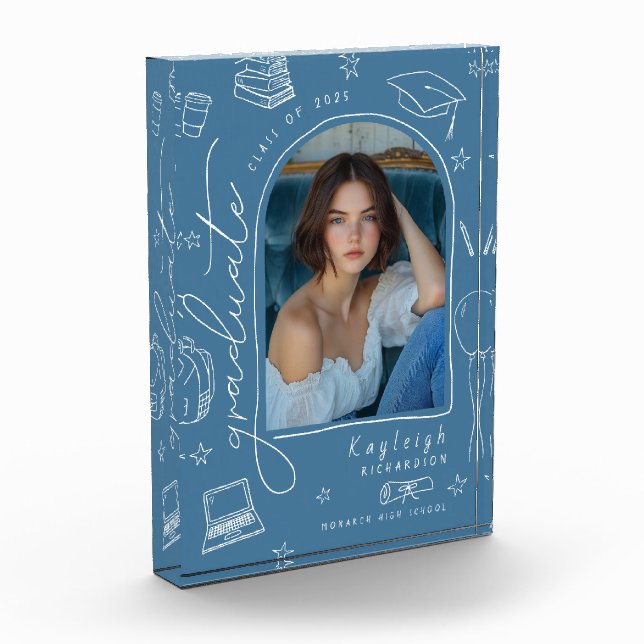 Dusty Blue Retro Hand Drawing Abschluss Foto Block (Links)