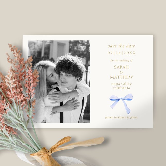 Dusty Blue Ribbon Bow | Aus Weiß Save the Date Einladung (Von Creator hochgeladen)