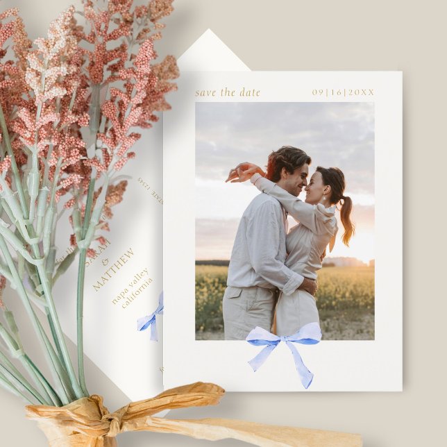Dusty Blue Ribbon Bow | Aus Weiß Save the Date Postkarte (Von Creator hochgeladen)