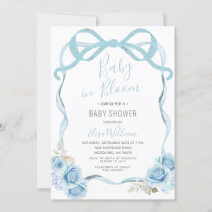 Dusty Blue Ribbon Bow Baby in Bloom Einladung