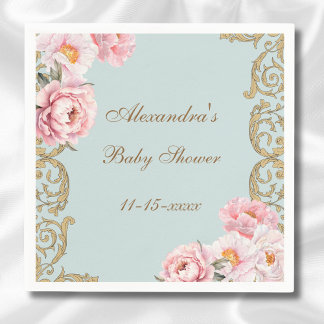 Dusty Blue Rokoko Pink Floral Baby Dusche Serviette