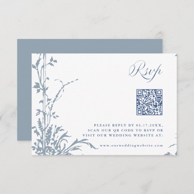 Dusty Blue Romantic Botanical Arch Garden Wedding RSVP Karte (Vorne/Hinten)