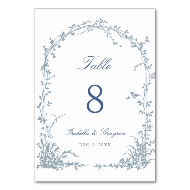 Dusty Blue Romantic Botanical Arch Garden Wedding Tischnummer (Rückseite)